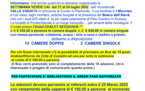 SETTIMANA VERDE CAI dal 17 al 24 Luglio 2022 “VALLE VARAITA”