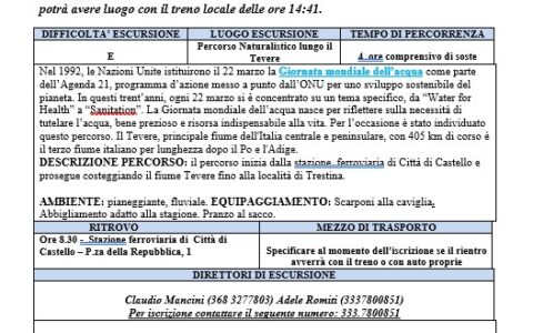 20 Marzo 2022 “Giornata Mondiale dell’Acqua”: Percorso naturalistico lungo il Tevere da Città di Castello a Trestina